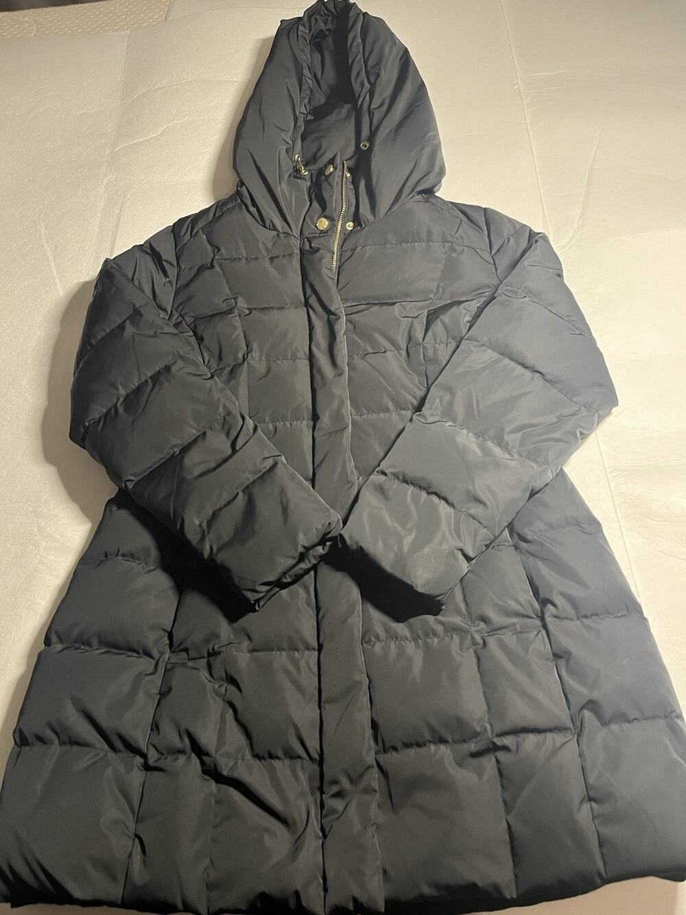 Cole Haan Signature Women’s L Black Long Down Puffer Coat Hooded Gold Hardware